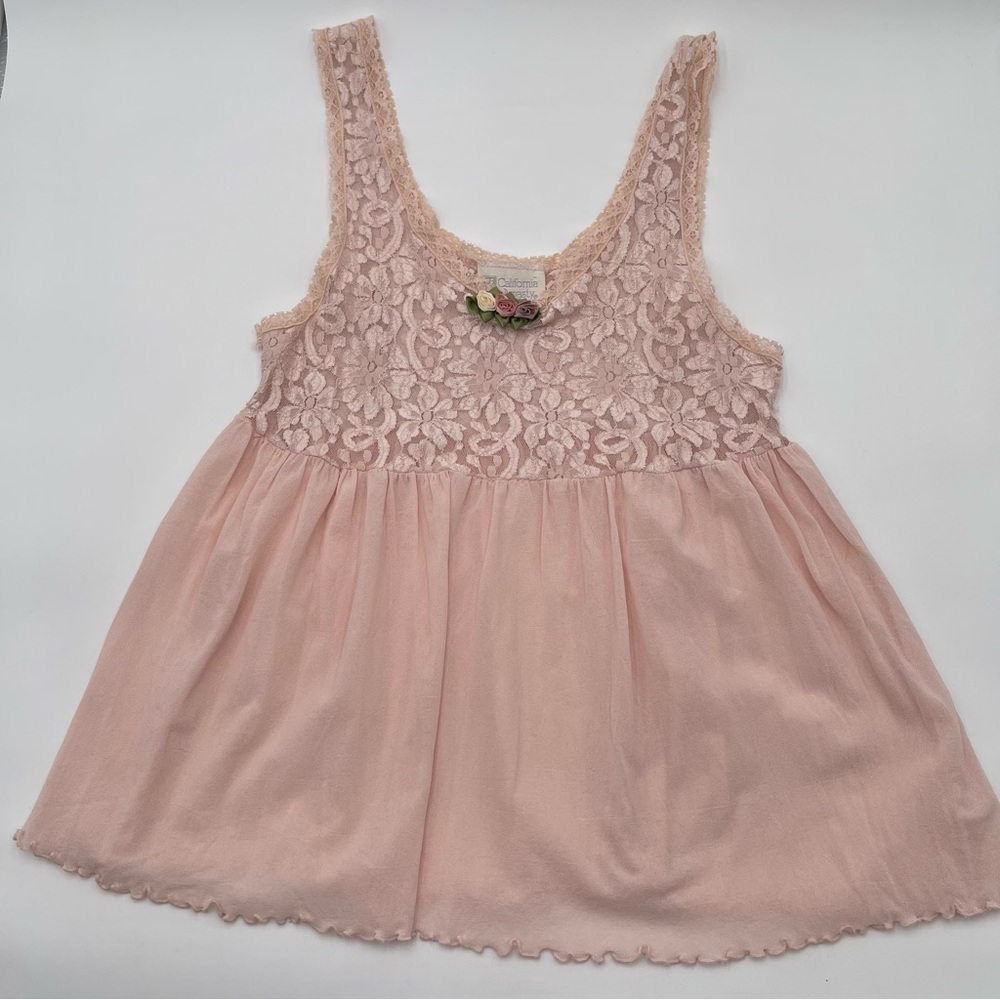 Vtg California Dynasty Pink Babydoll Cami Tank Top Womens Med Lace Floral 90s - Picture 3 of 12